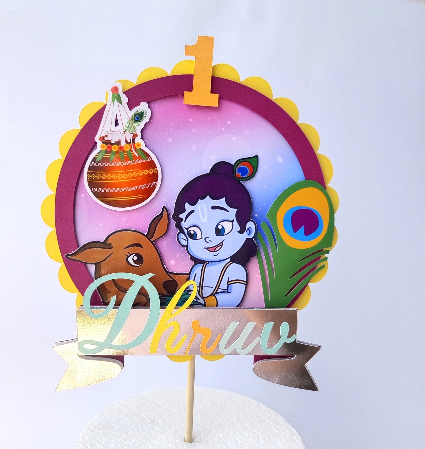 Krishna Cake Topper - Custom Name & Age - Handcrafted Party Decoration