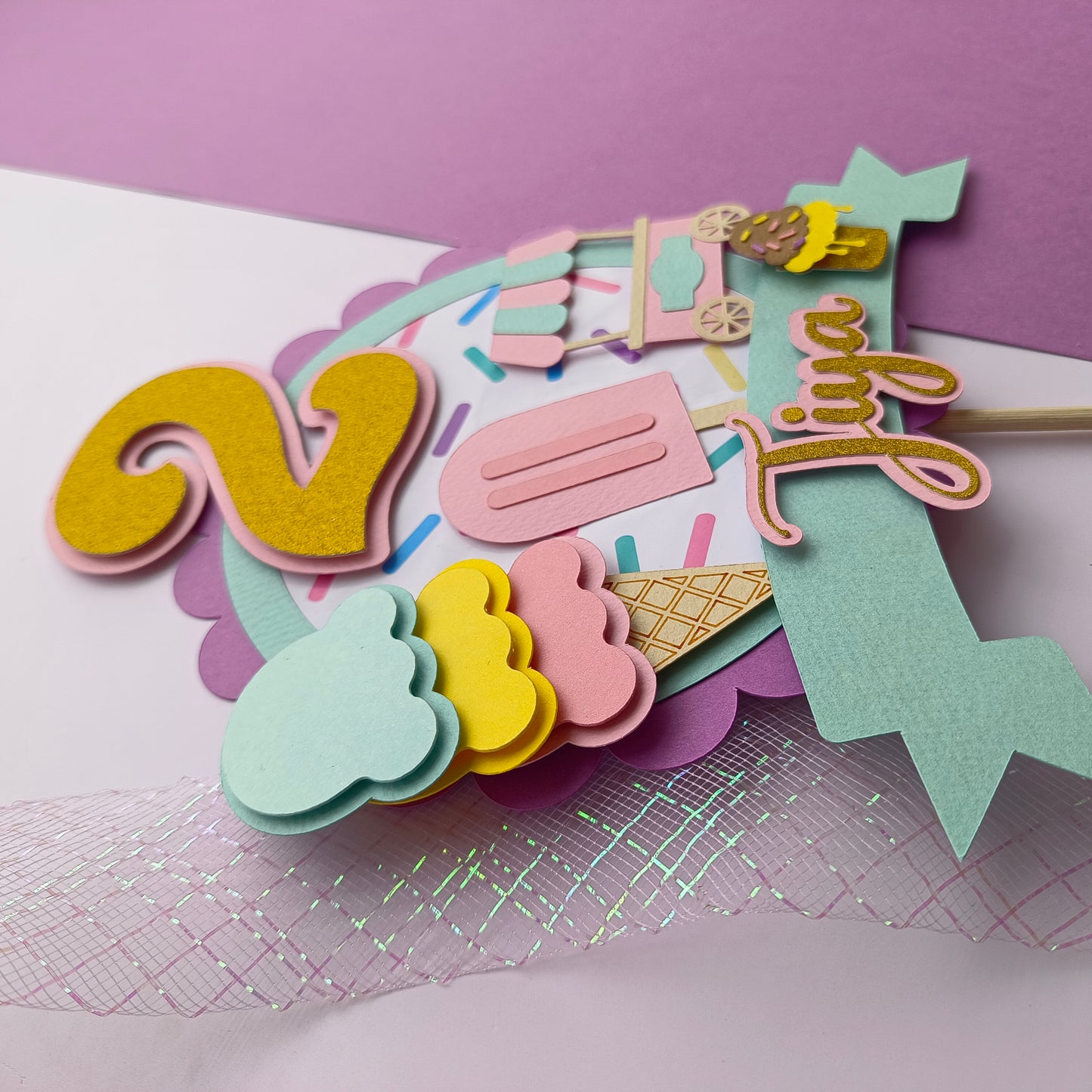 Handcrafted Ice cream Theme Cake Topper Custom Age or Name