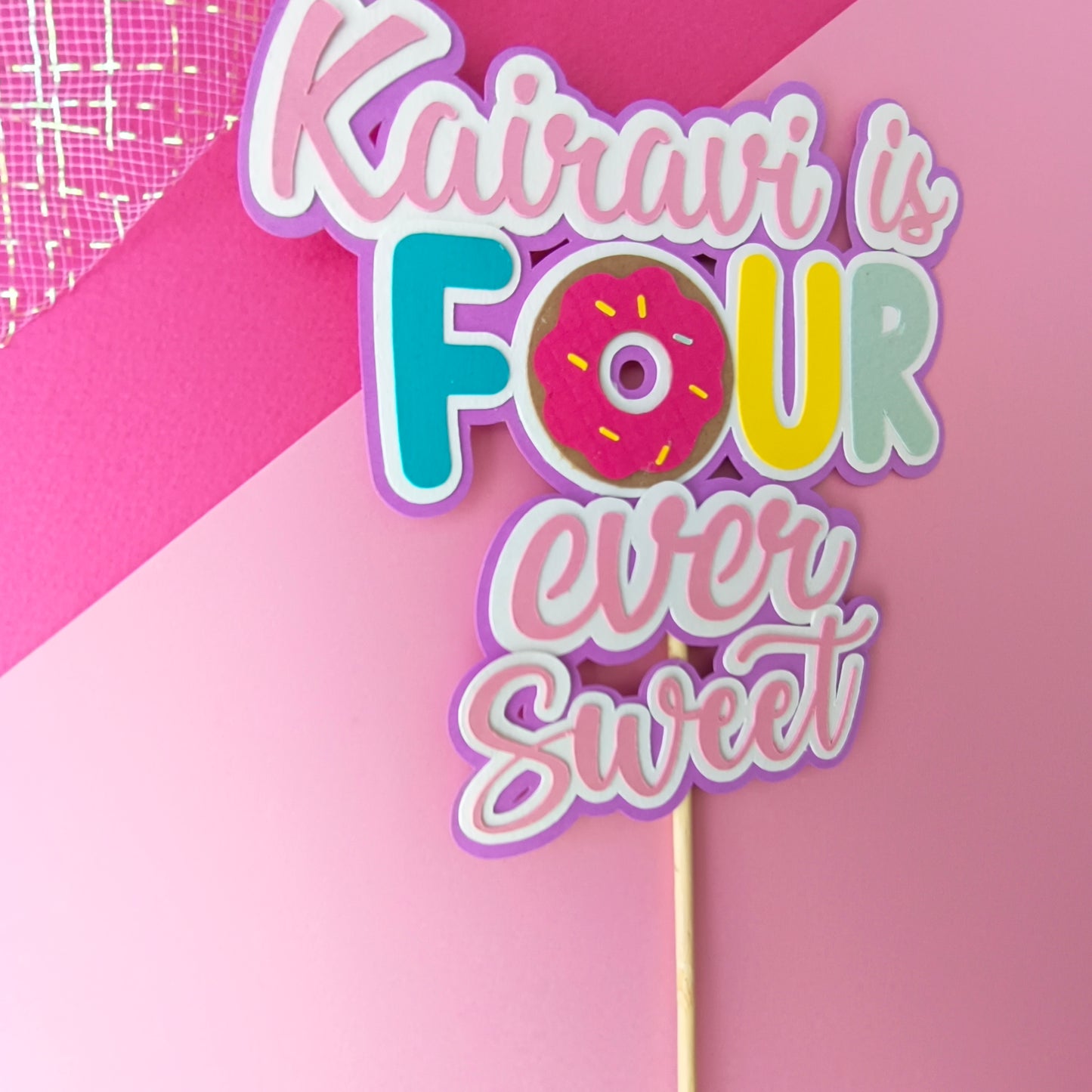 Donut 4th Birthday Cake Topper – Handcrafted Party Decoration