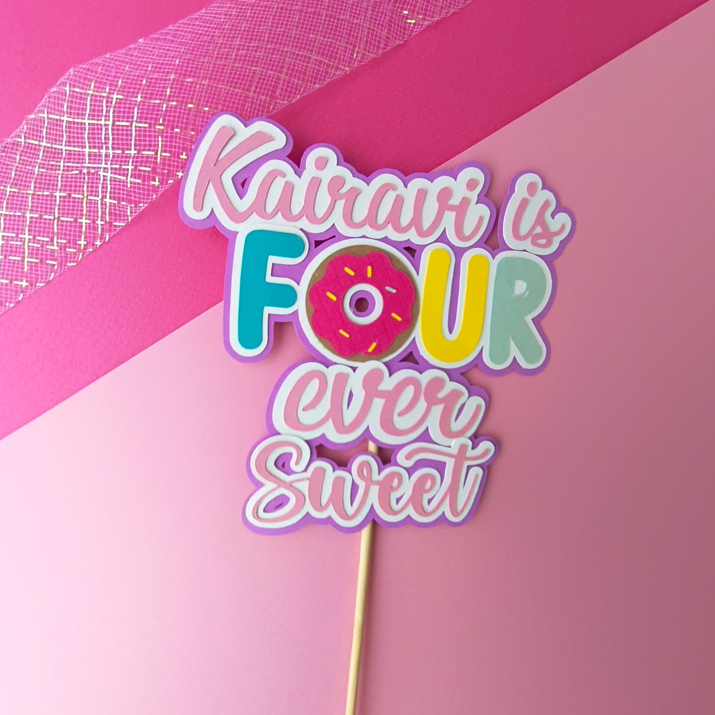 Donut 4th Birthday Cake Topper – Handcrafted Party Decoration
