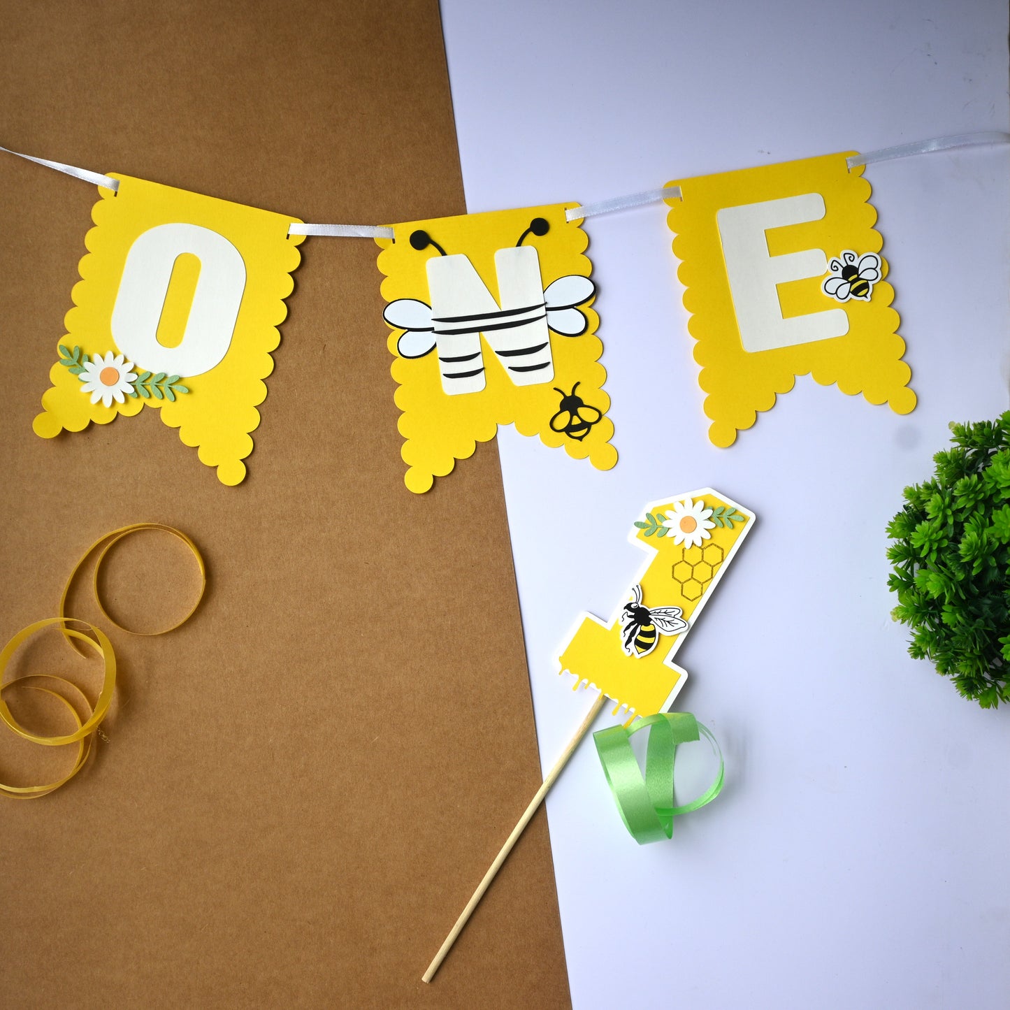 Bee High Chair Banner & Cake Topper Set - Handcrafted Party Decoration