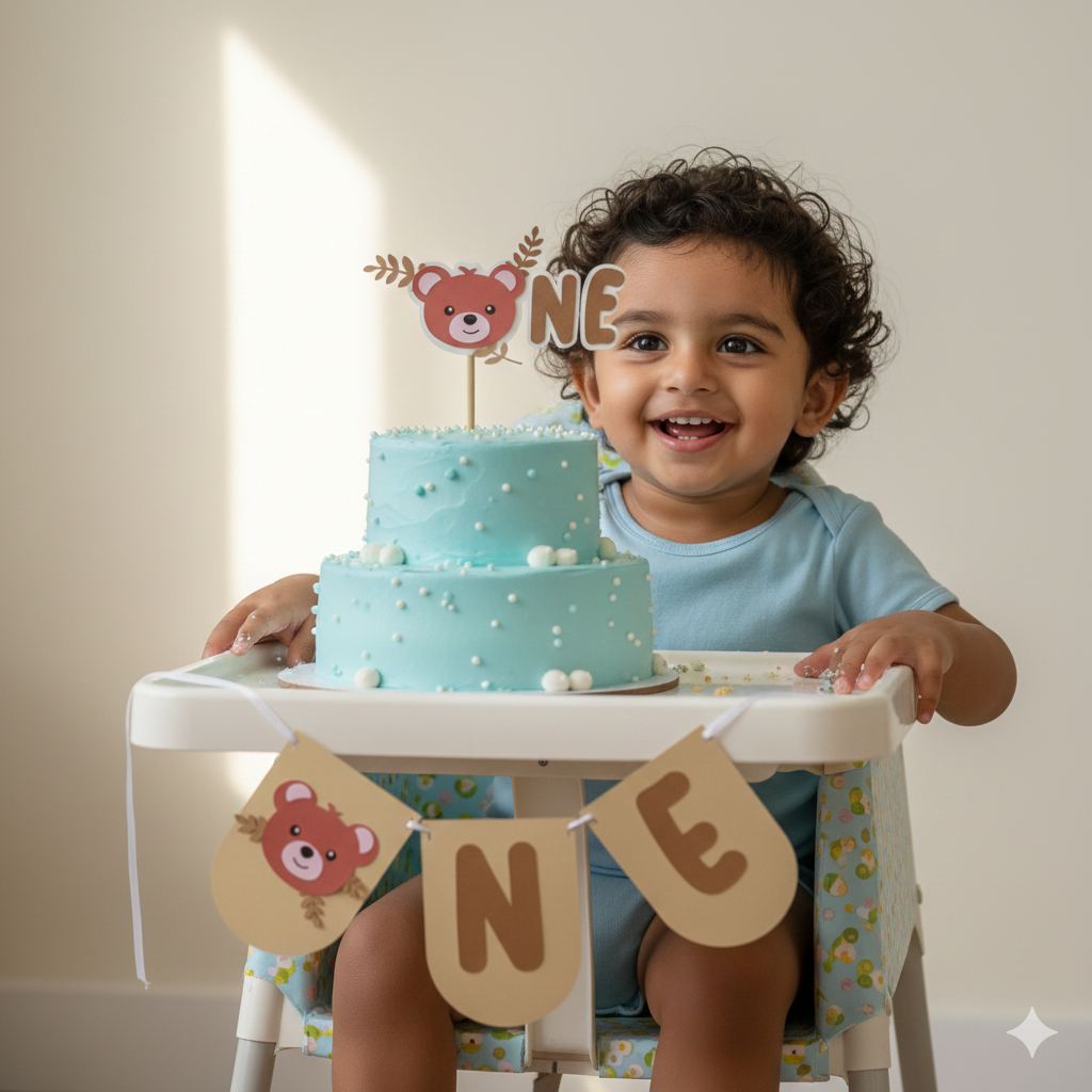 Teddy high chair banner and cake topper: