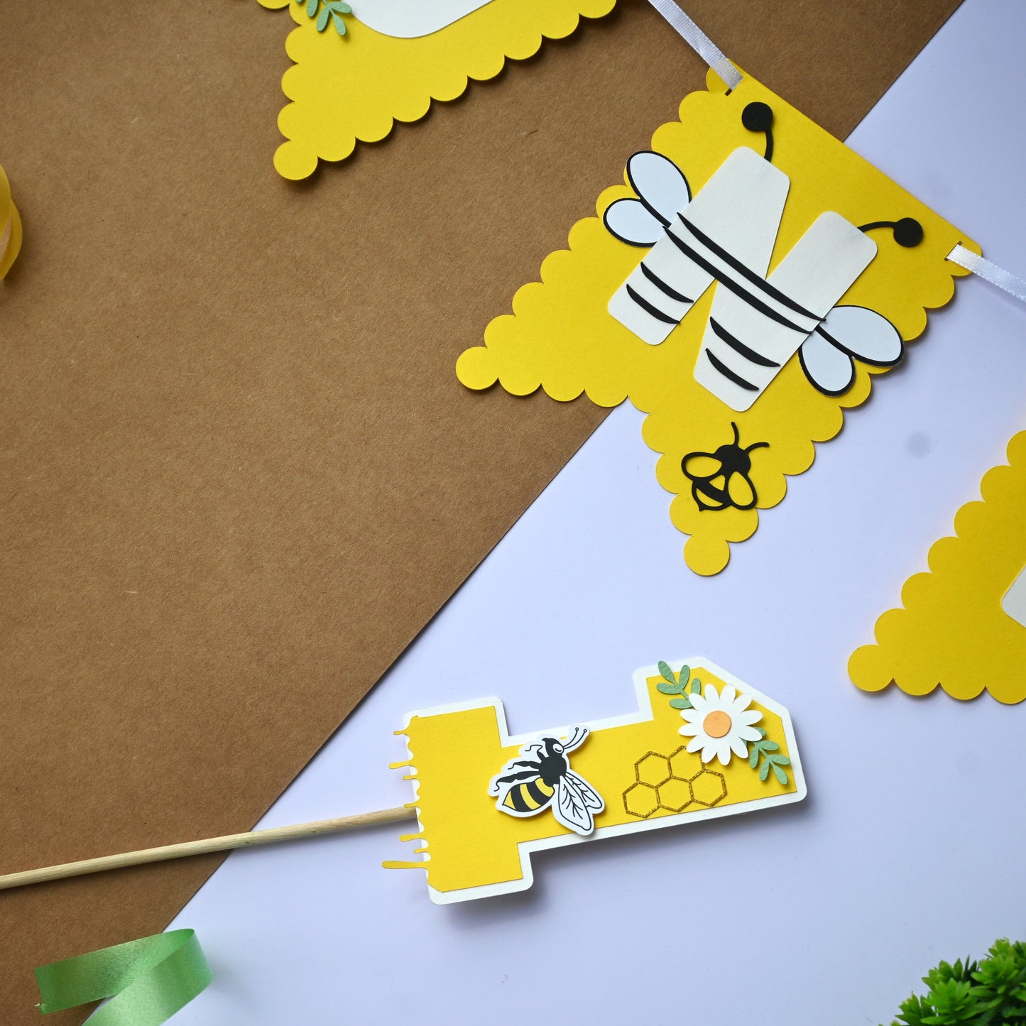 Bee High Chair Banner & Cake Topper Set - Handcrafted Party Decoration