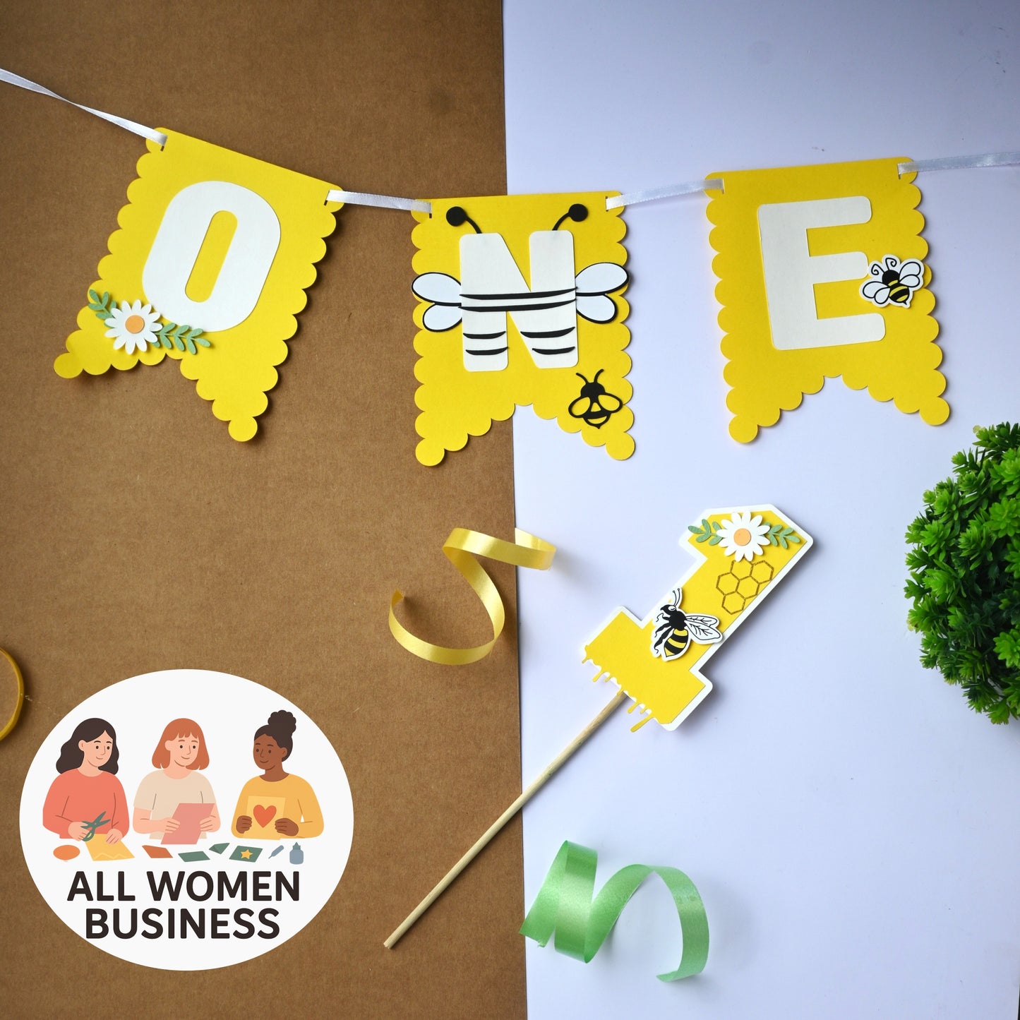 Bee High Chair Banner & Cake Topper Set - Handcrafted Party Decoration