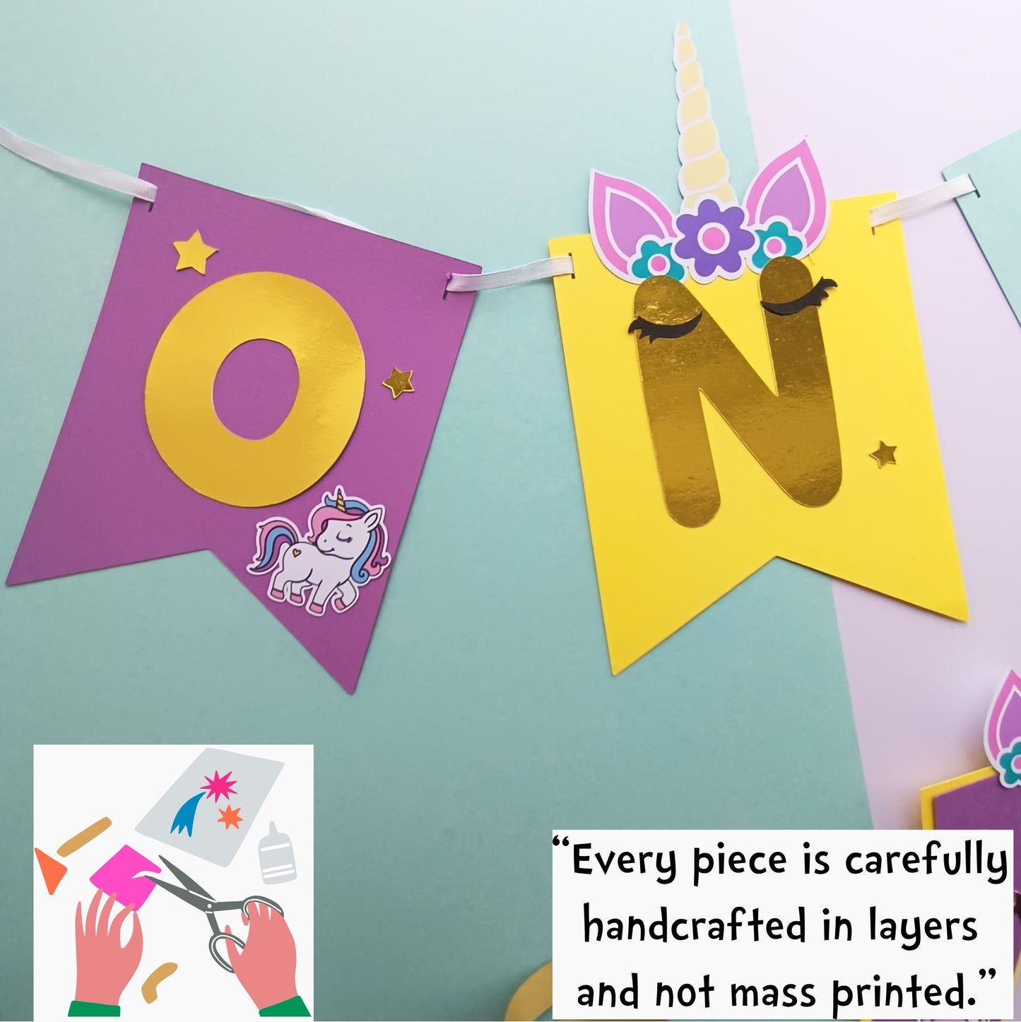 Unicorn High Chair Banner & Cake Topper Set - Handcrafted Party Decoration