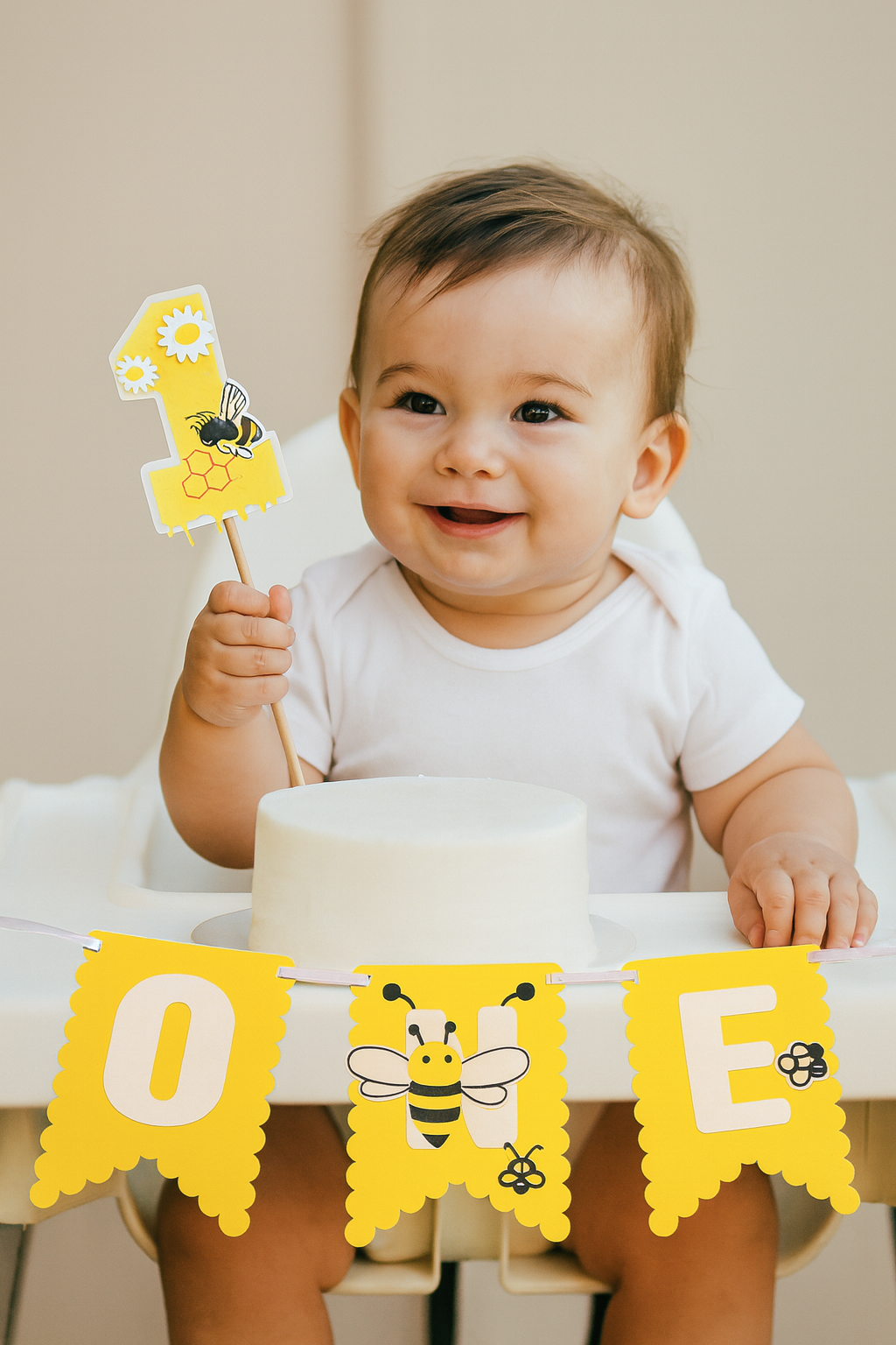 Bee High Chair Banner & Cake Topper Set - Handcrafted Party Decoration