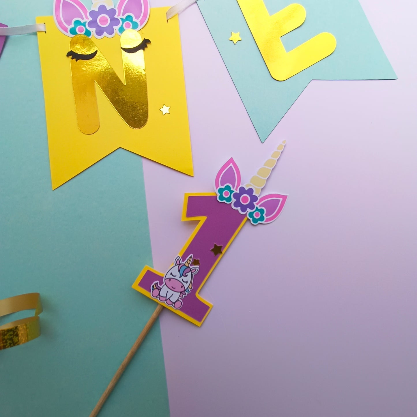 Unicorn High Chair Banner & Cake Topper Set - Handcrafted Party Decoration