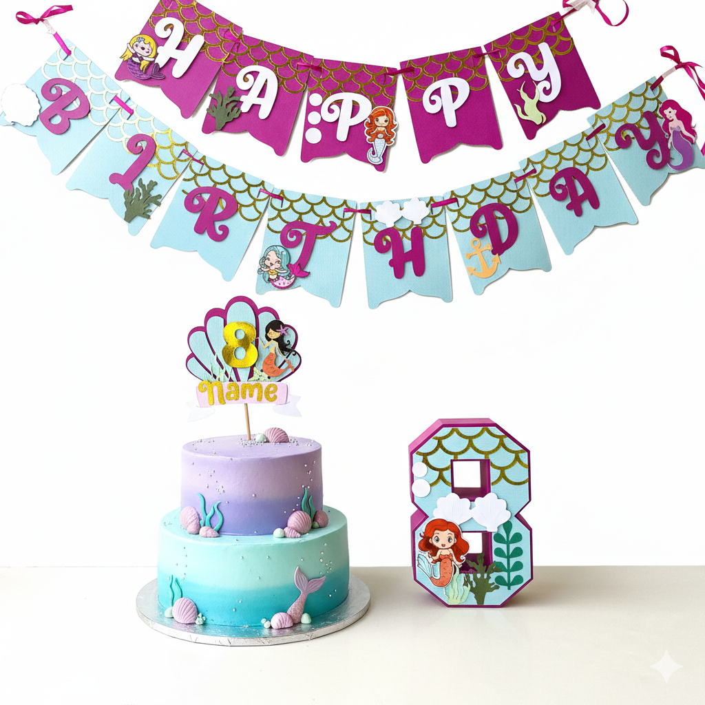Mermaid Party Pack - 3D Letter, Cake Topper & Banner