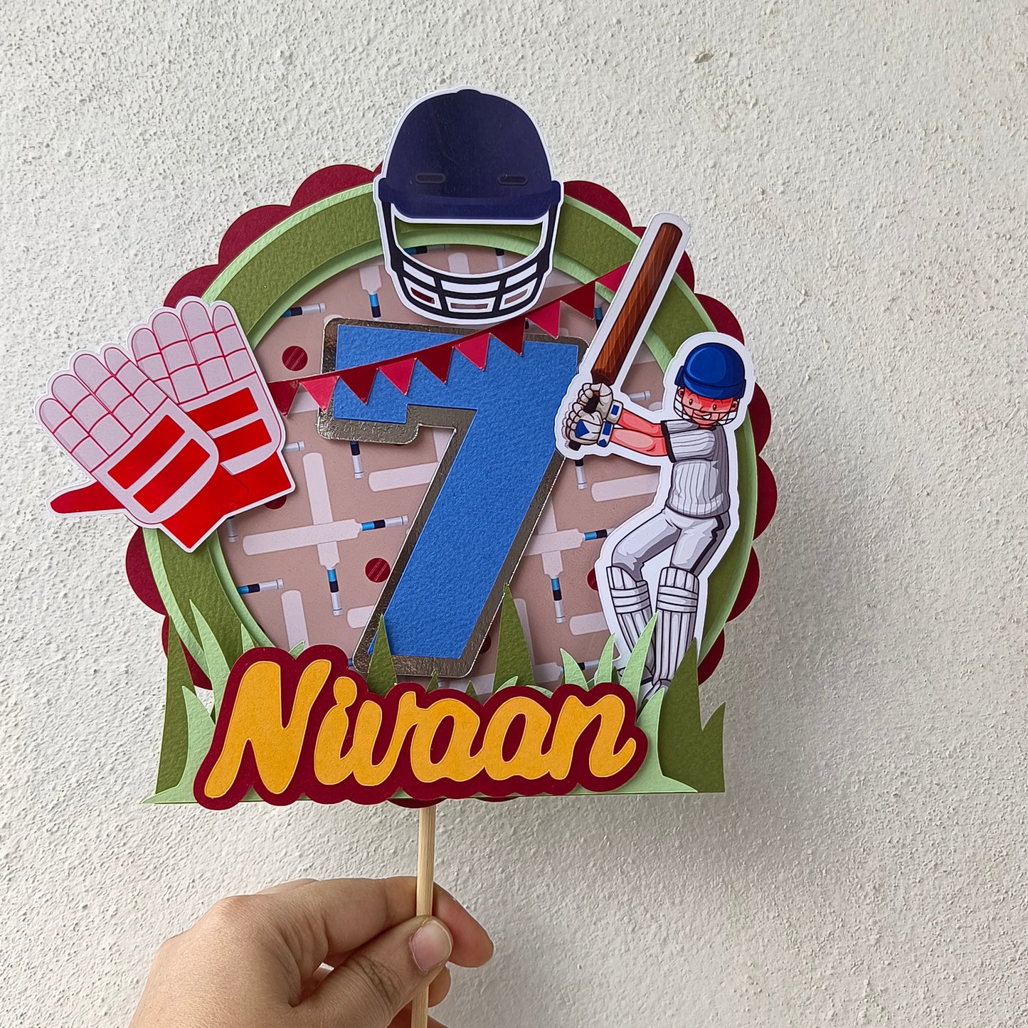 Handcrafted Cricket Cake Topper - Customizable with Name and Age