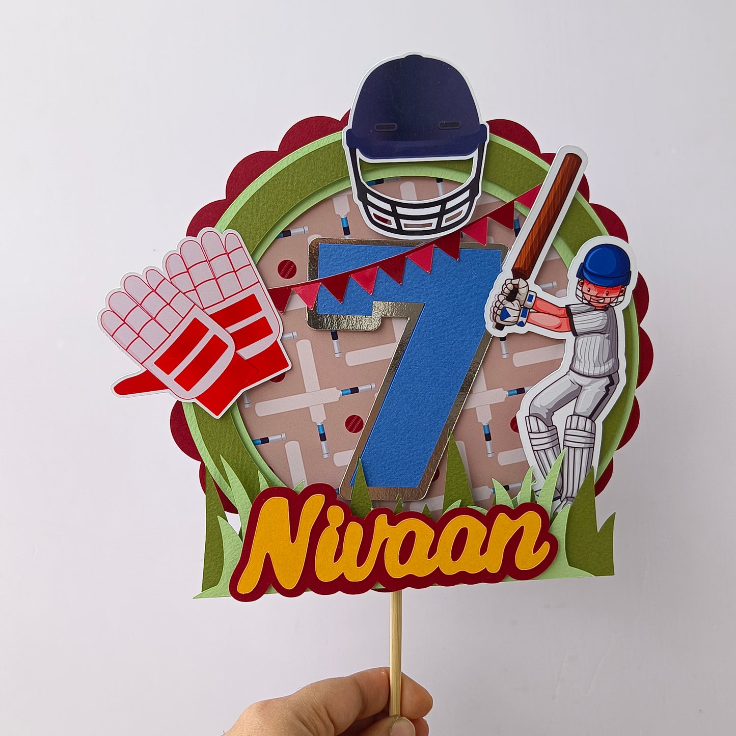 Handcrafted Cricket Cake Topper - Customizable with Name and Age