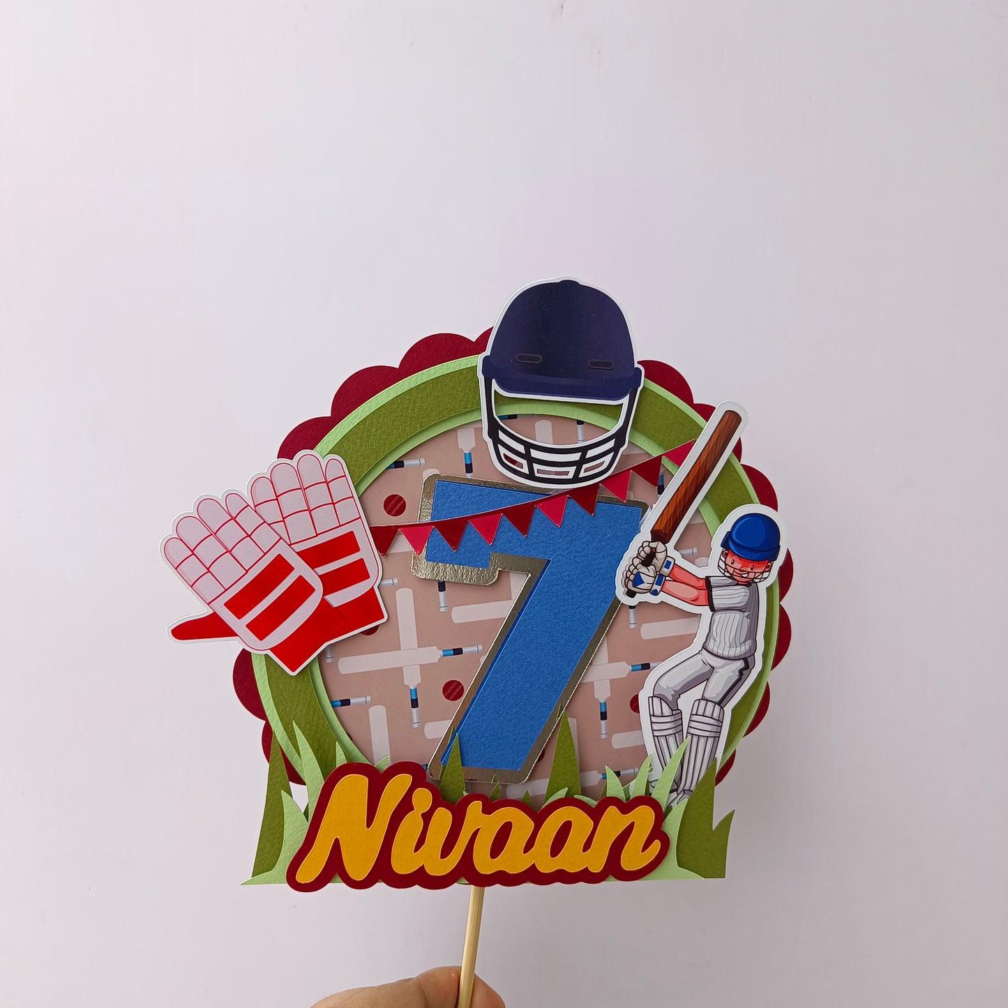 Handcrafted Cricket Cake Topper - Customizable with Name and Age