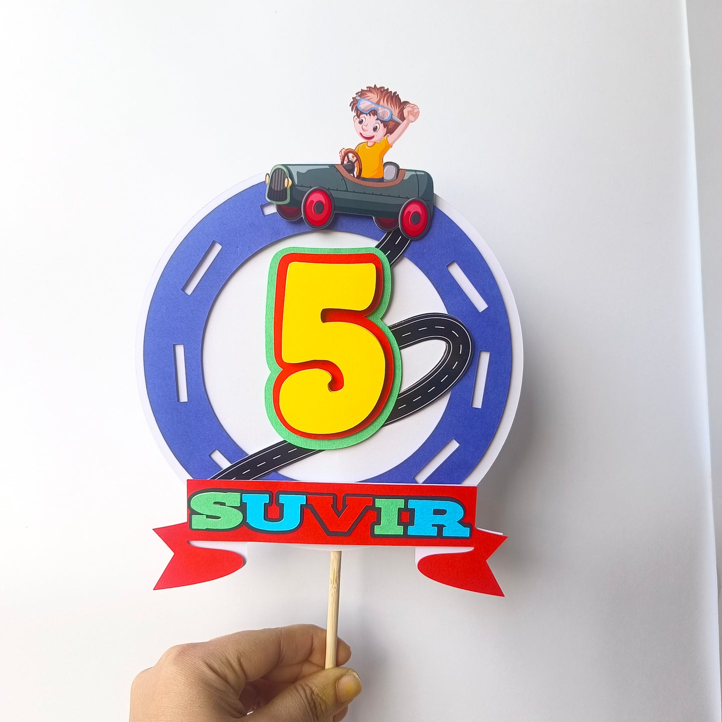 Car Cake Topper - Custom Name & Age - Handcrafted Party Decoration