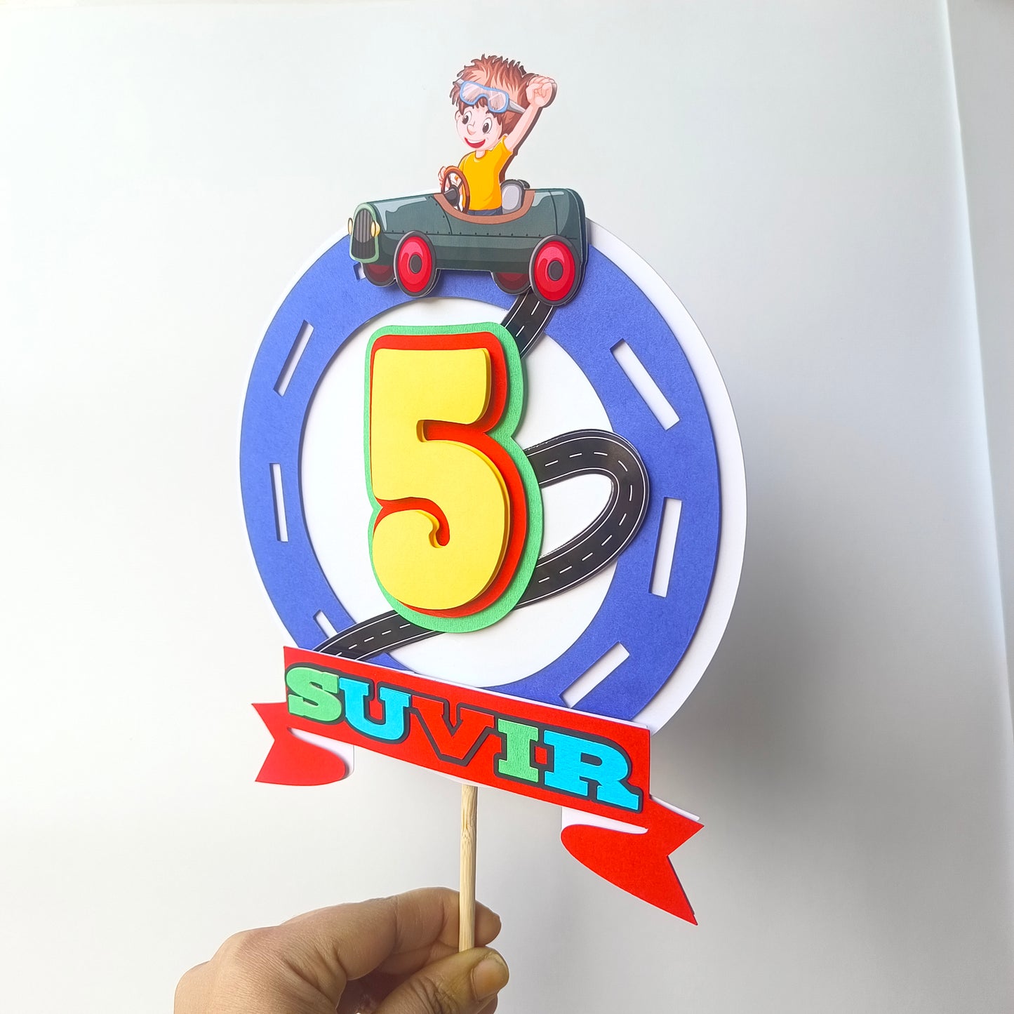 Car Cake Topper - Custom Name & Age - Handcrafted Party Decoration