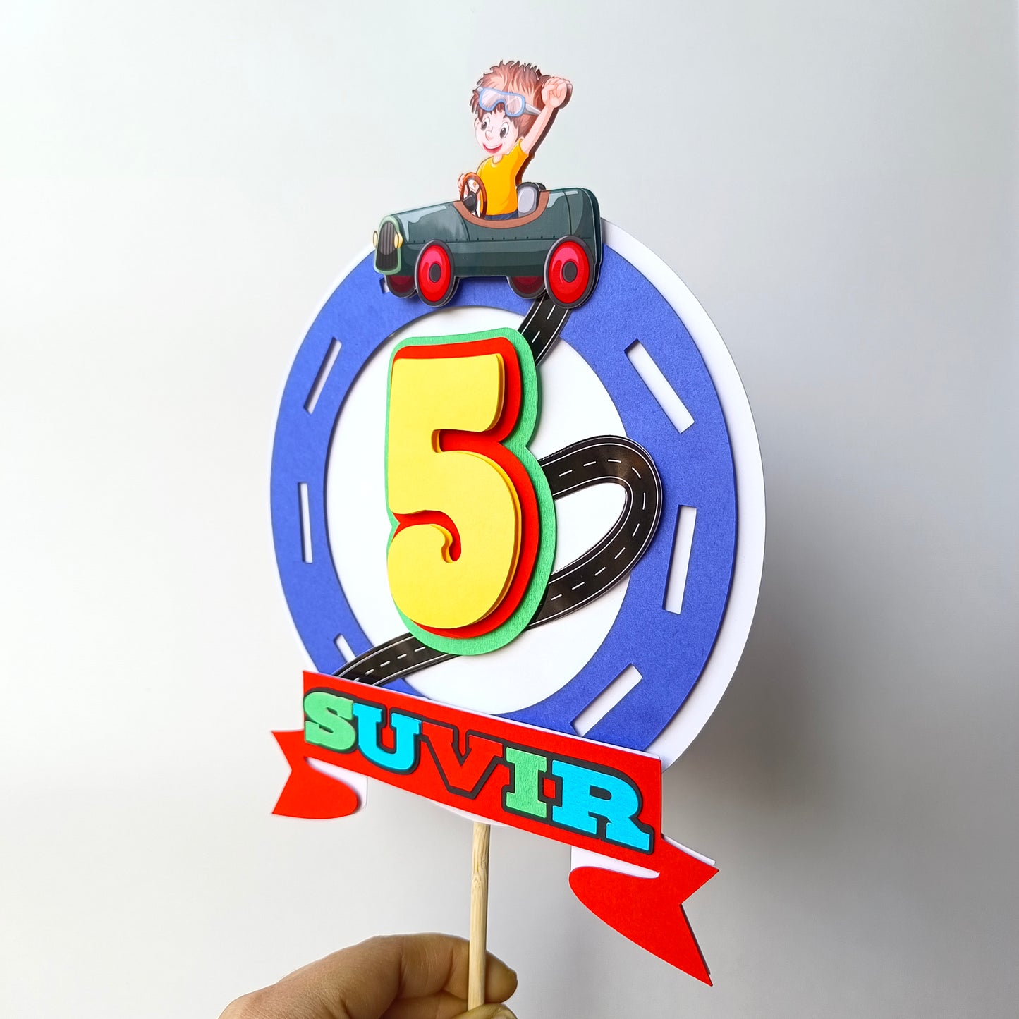 Car Cake Topper - Custom Name & Age - Handcrafted Party Decoration