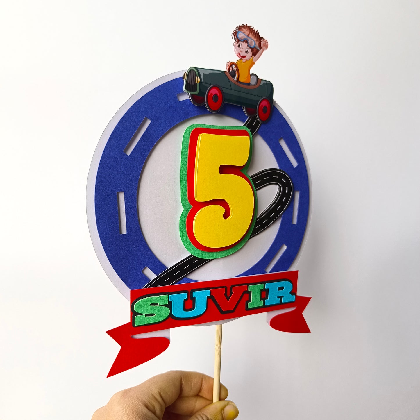 Car Cake Topper - Custom Name & Age - Handcrafted Party Decoration