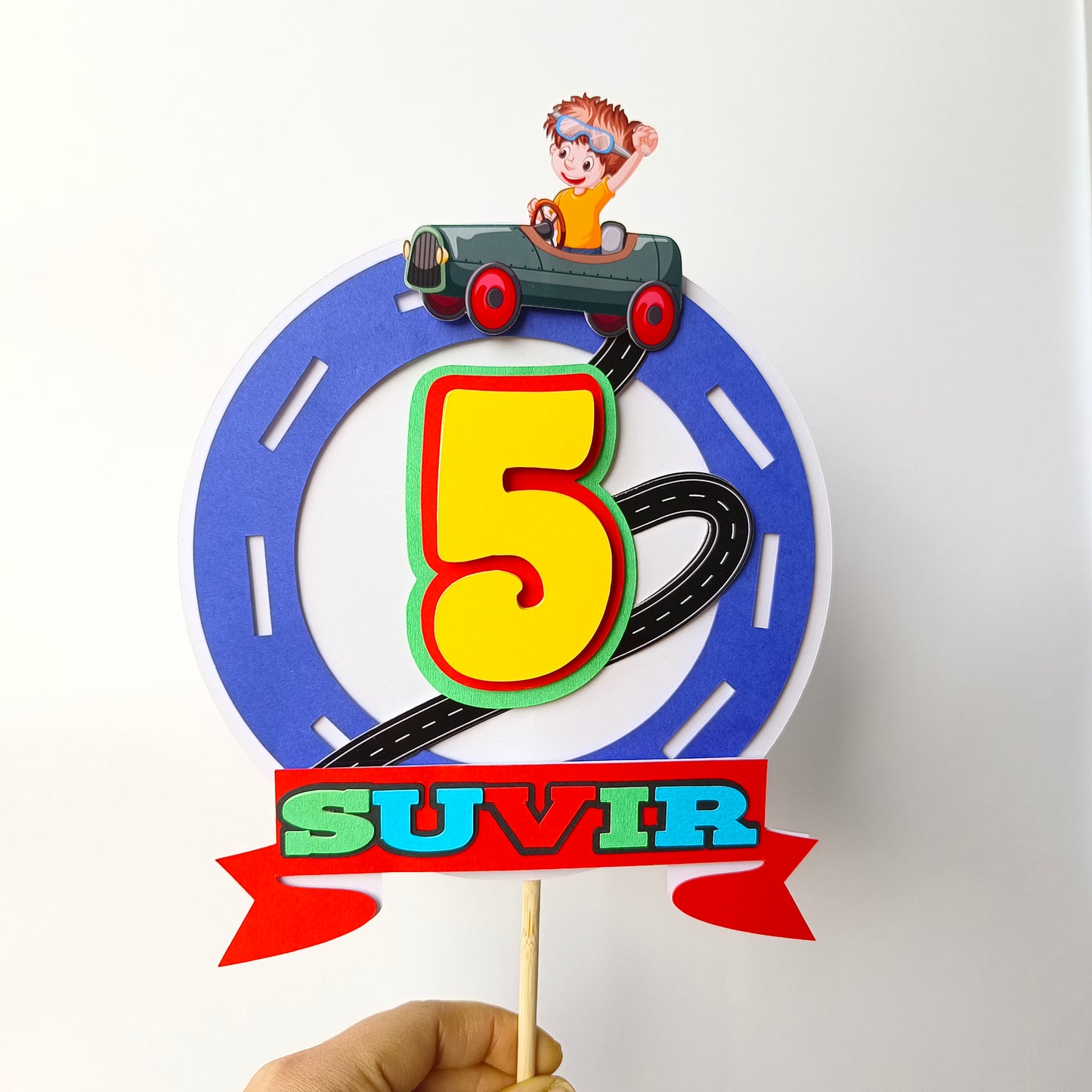Car Cake Topper - Custom Name & Age - Handcrafted Party Decoration