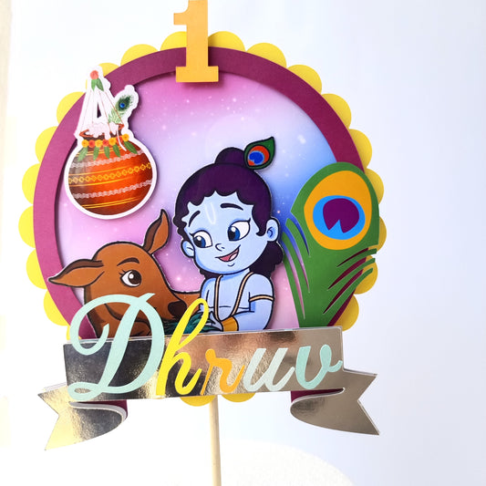 Krishna Cake Topper - Custom Name & Age - Handcrafted Party Decoration