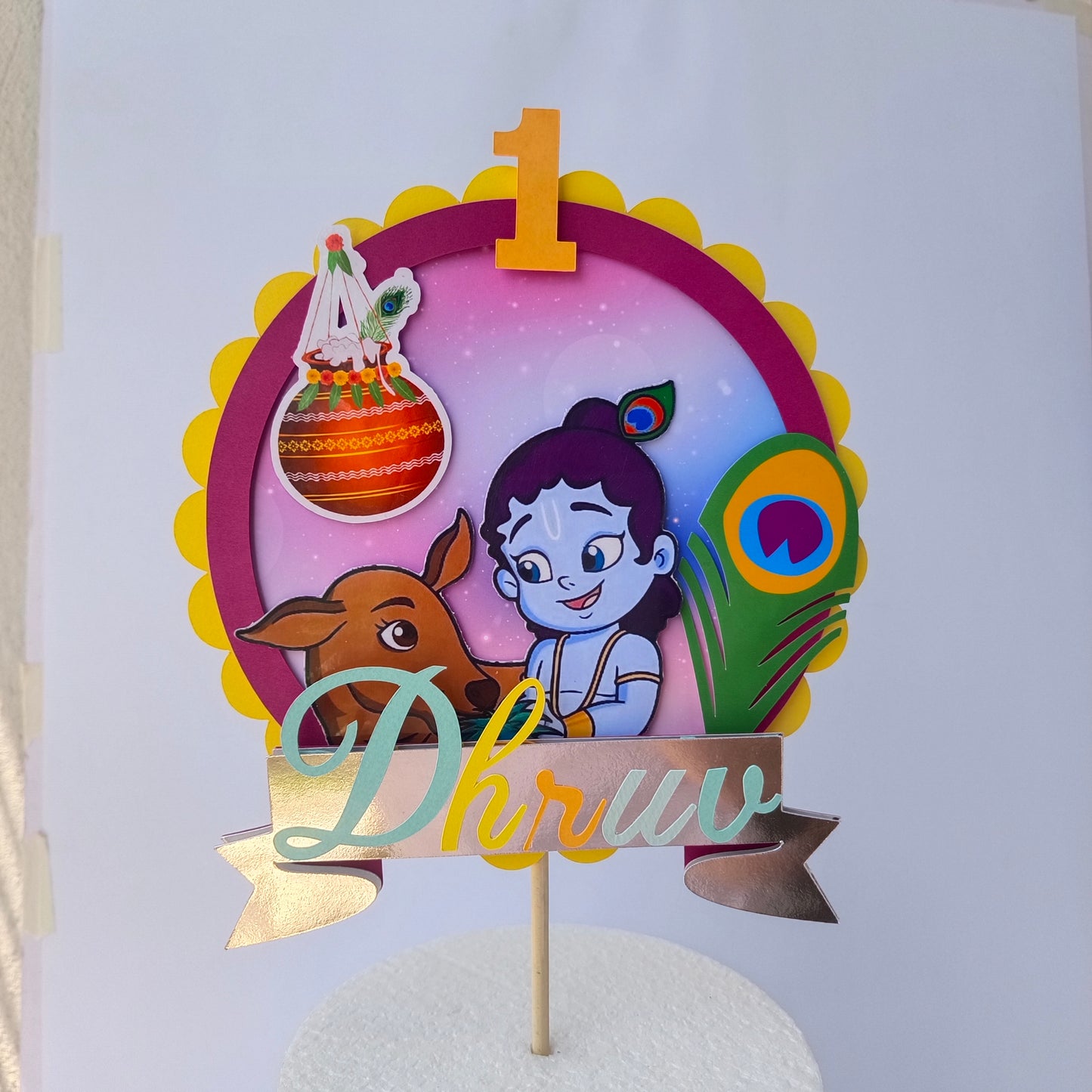 Krishna Cake Topper - Custom Name & Age - Handcrafted Party Decoration