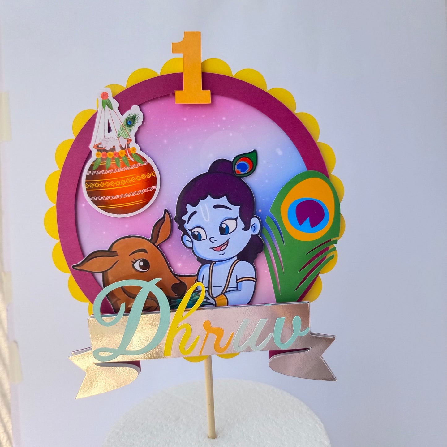 Krishna Cake Topper - Custom Name & Age - Handcrafted Party Decoration