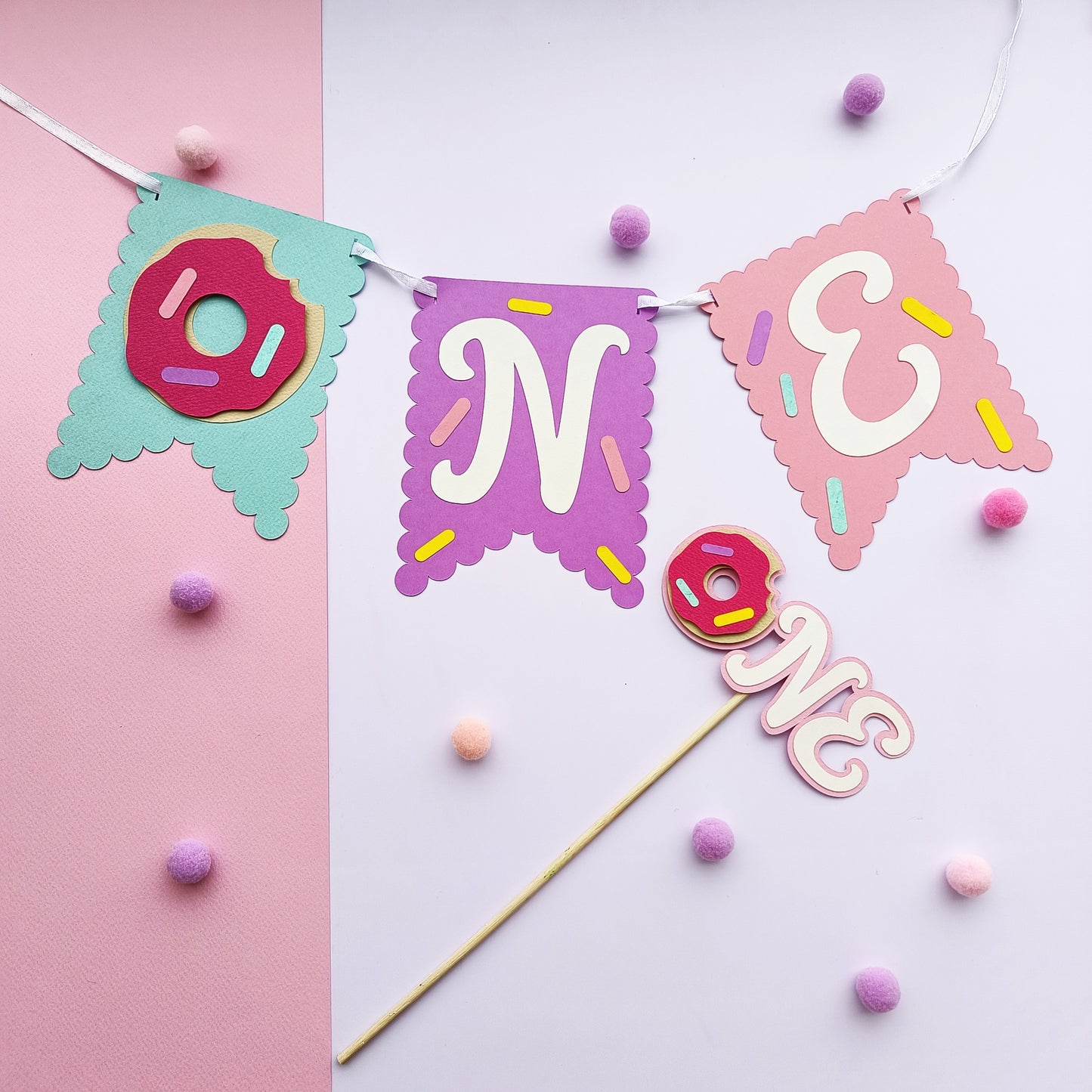 Donut High Chair Banner & Cake Topper Set - Handcrafted Party Decoration