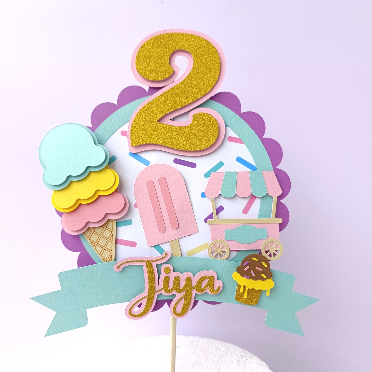 Handcrafted Ice cream Theme Cake Topper Custom Age or Name