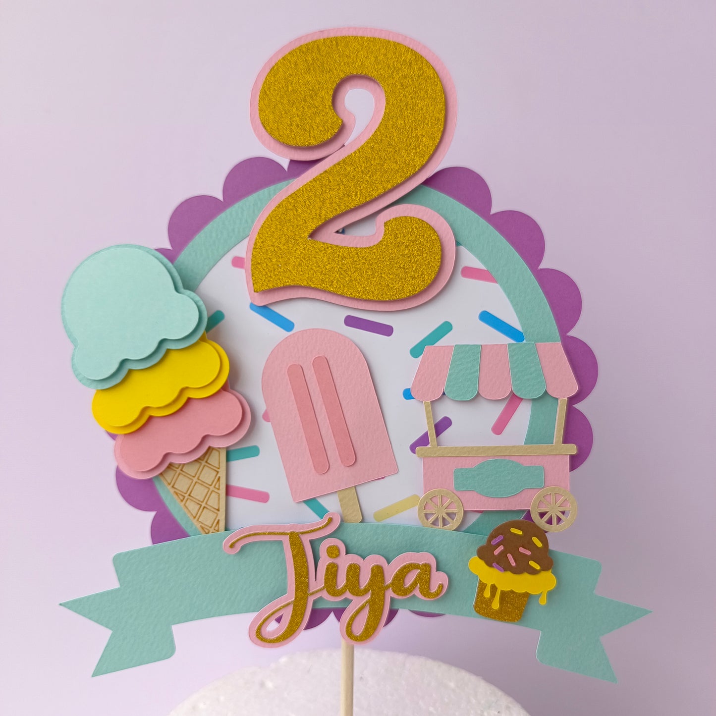 Handcrafted Ice cream Theme Cake Topper Custom Age or Name