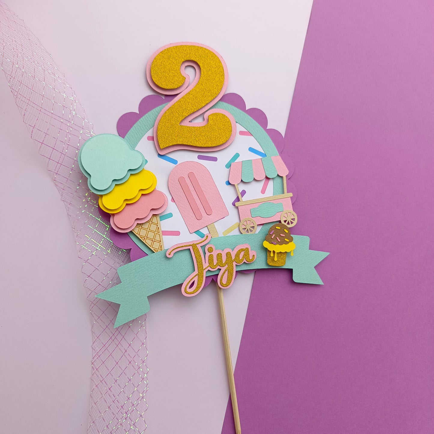 Handcrafted Ice cream Theme Cake Topper Custom Age or Name