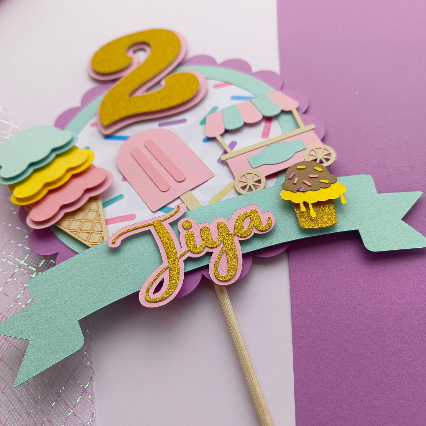 Handcrafted Ice cream Theme Cake Topper Custom Age or Name