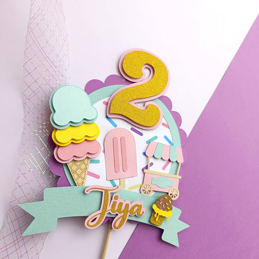 Handcrafted Ice cream Theme Cake Topper Custom Age or Name
