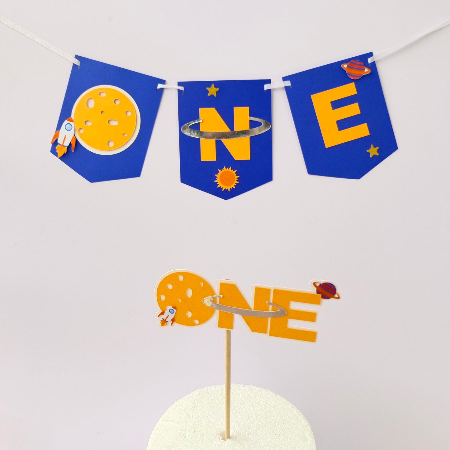 Space High Chair Banner & Cake Topper Set - Handcrafted Party Decoration