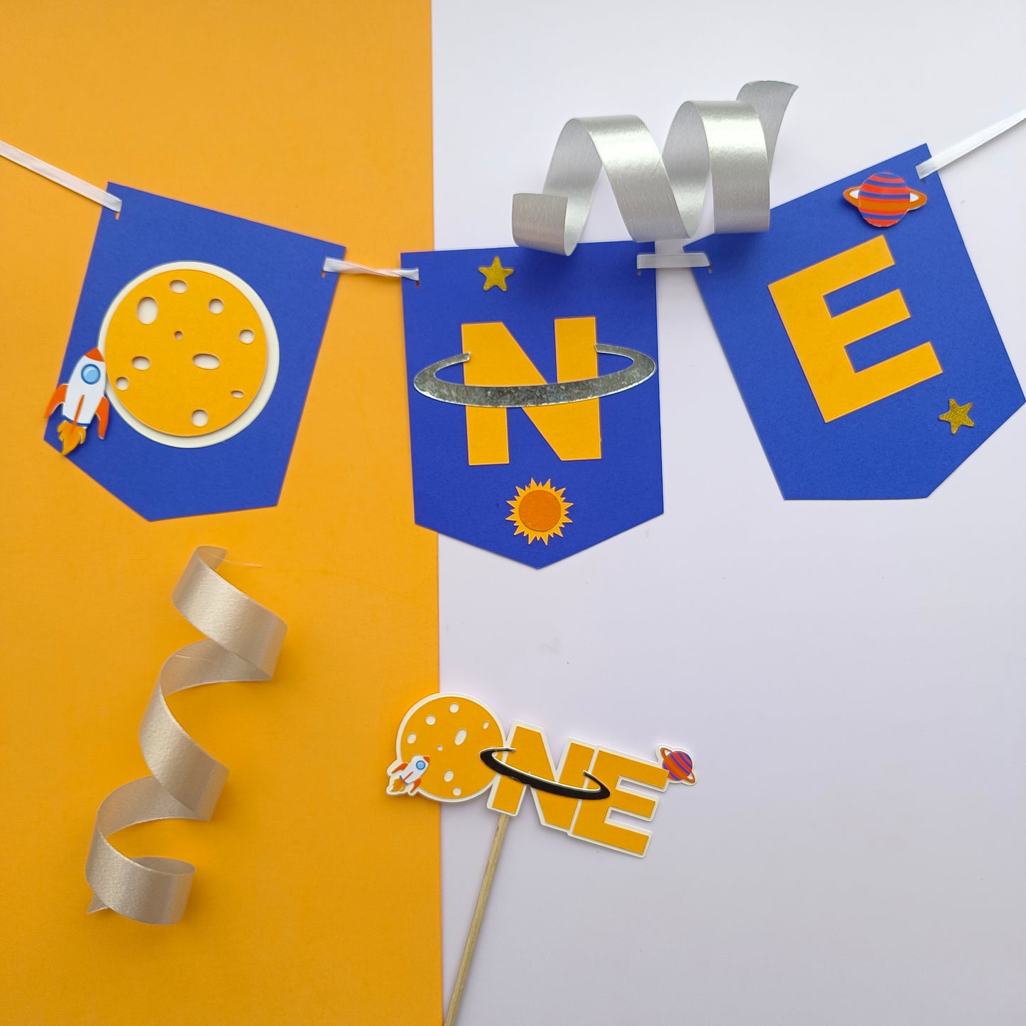 Space High Chair Banner & Cake Topper Set - Handcrafted Party Decoration