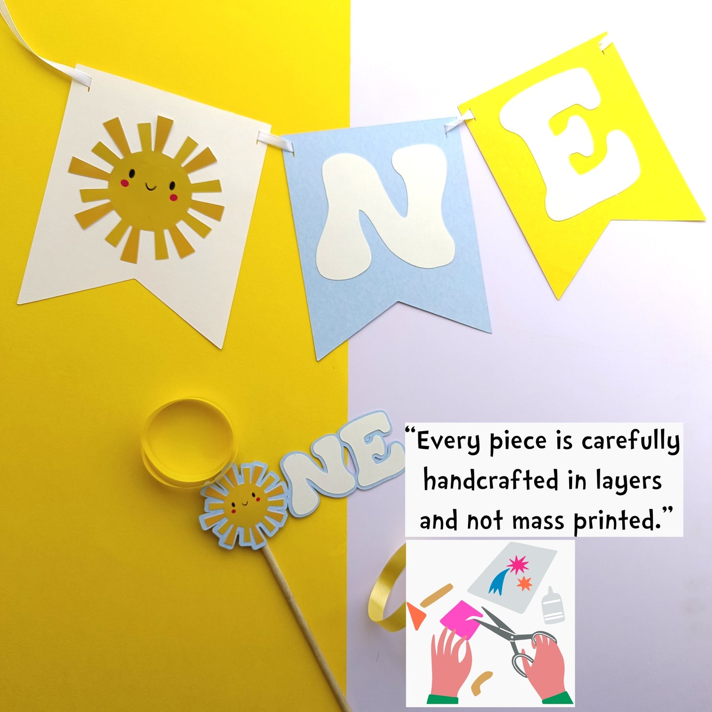 Sunshine High Chair Banner & Cake Topper Set - Handcrafted Party Decoration