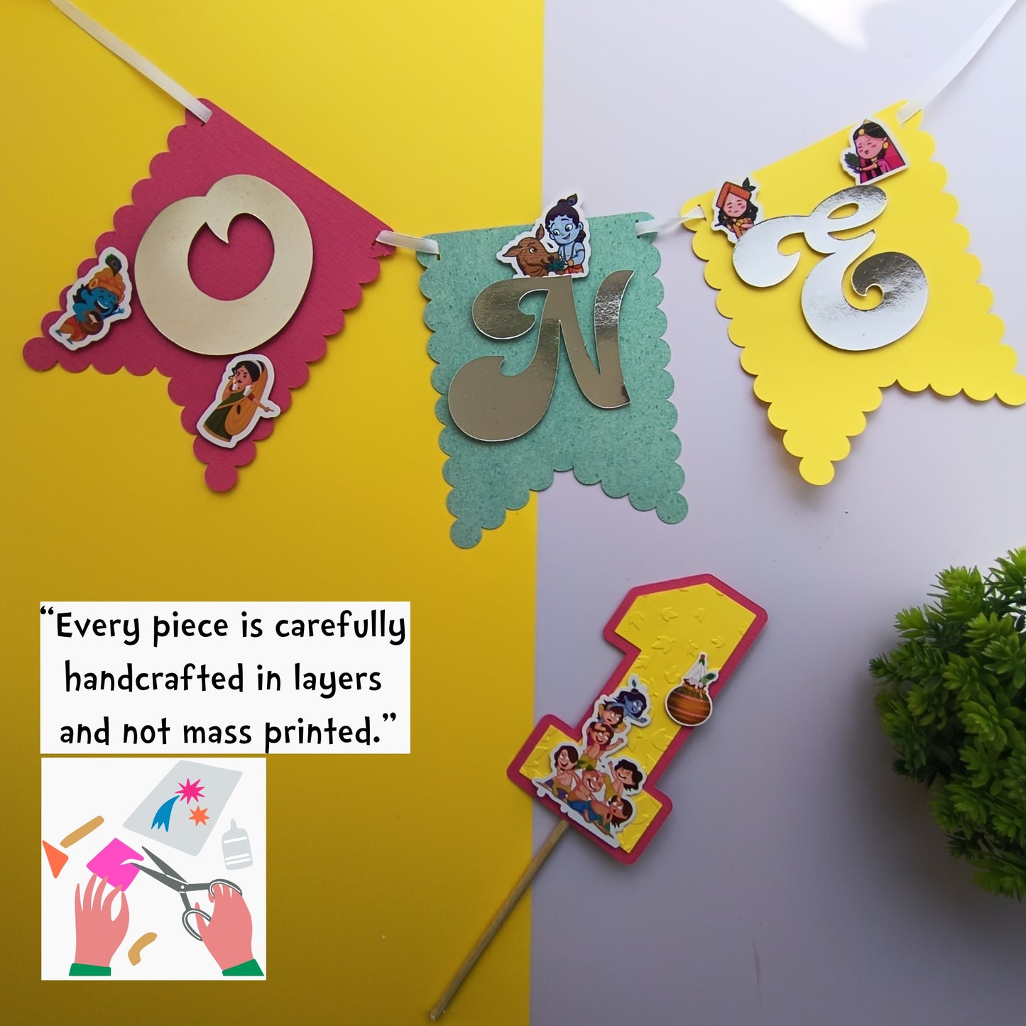 Krishna High Chair Banner & Cake Topper Set - Handcrafted Party Decoration