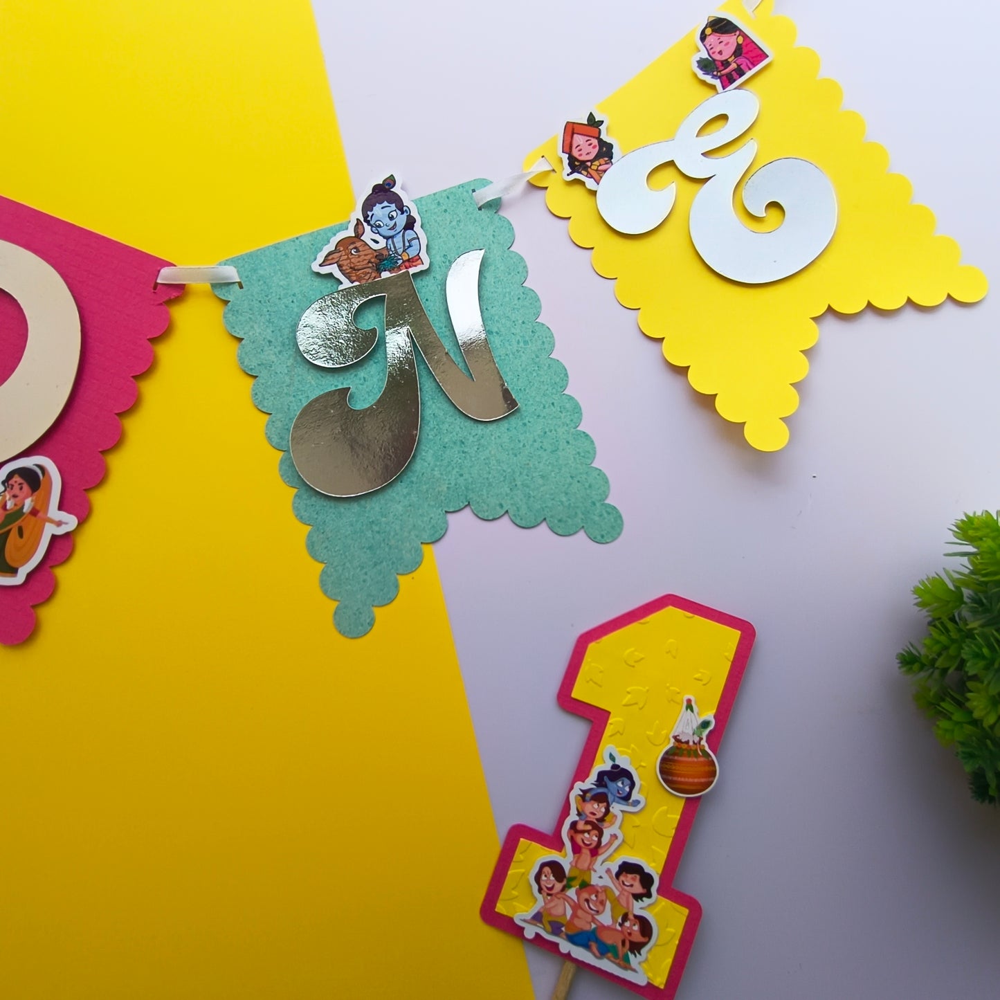Krishna High Chair Banner & Cake Topper Set - Handcrafted Party Decoration