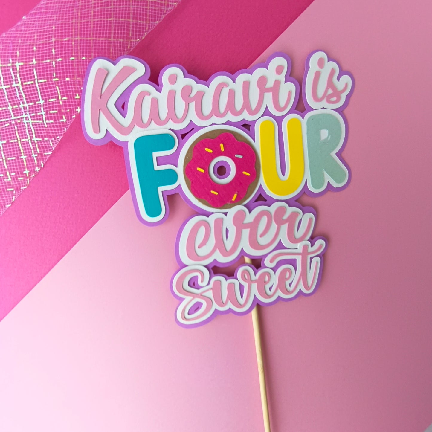 Donut 4th Birthday Cake Topper – Handcrafted Party Decoration
