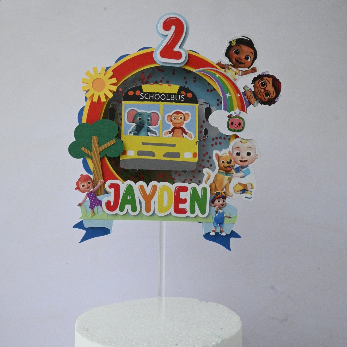 Handcrafted Cocomelon 3D Cake Topper with Sequins - Customizable with Name and Age