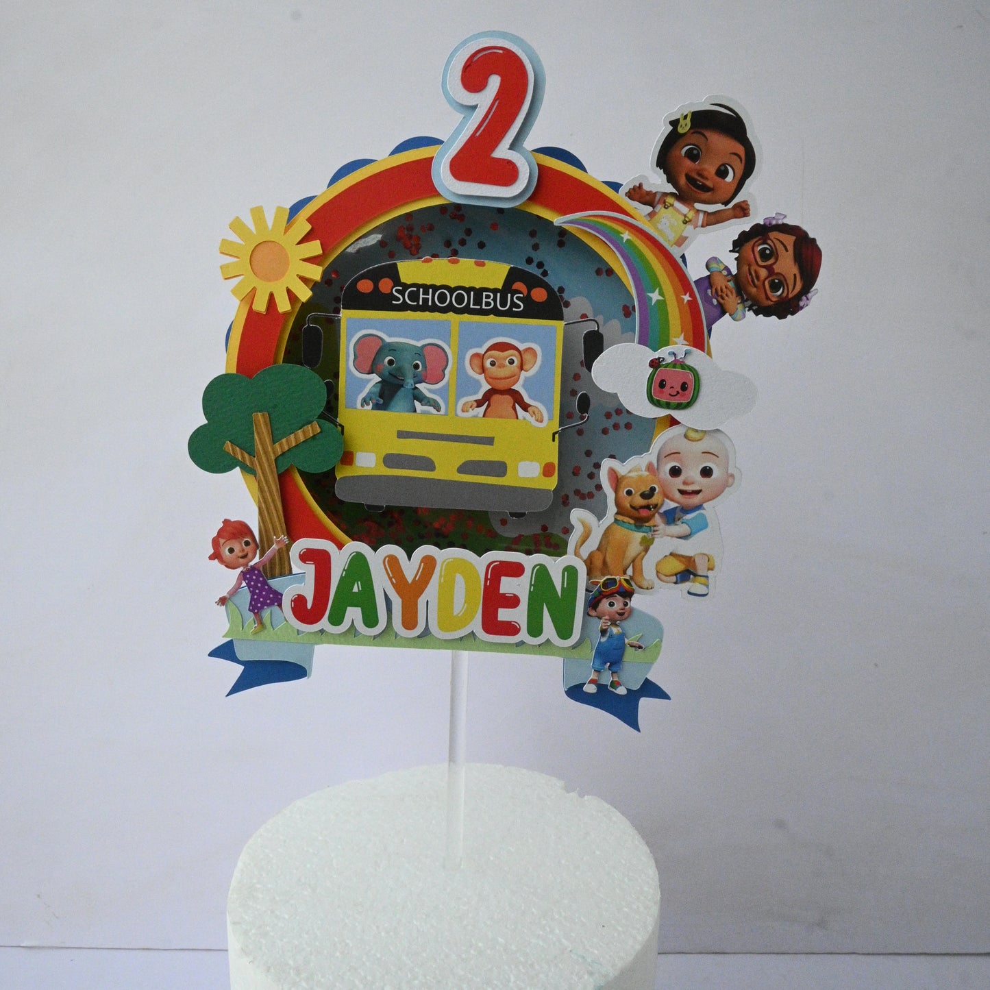 Handcrafted Cocomelon 3D Cake Topper with Sequins - Customizable with Name and Age
