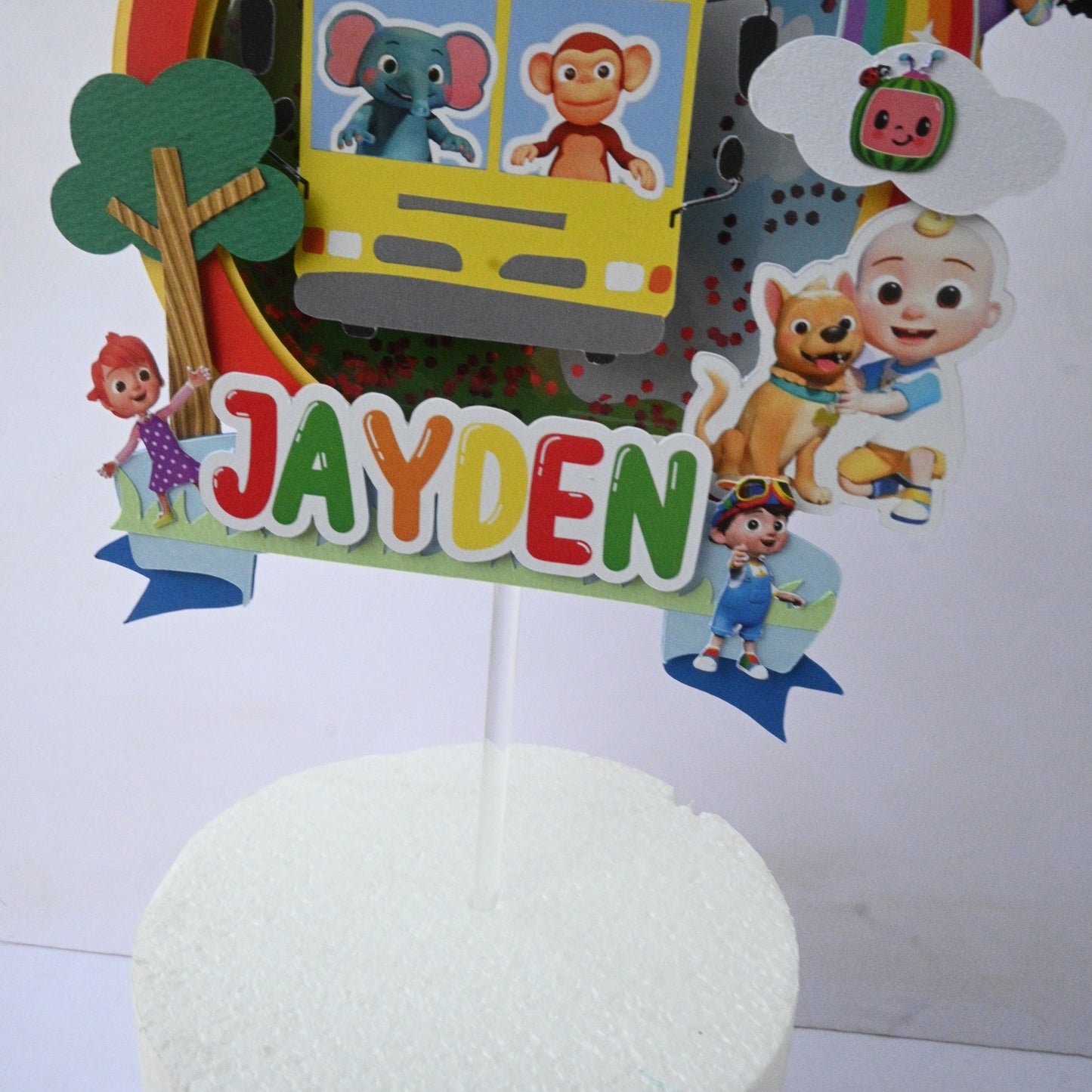 Handcrafted Cocomelon 3D Cake Topper with Sequins - Customizable with Name and Age
