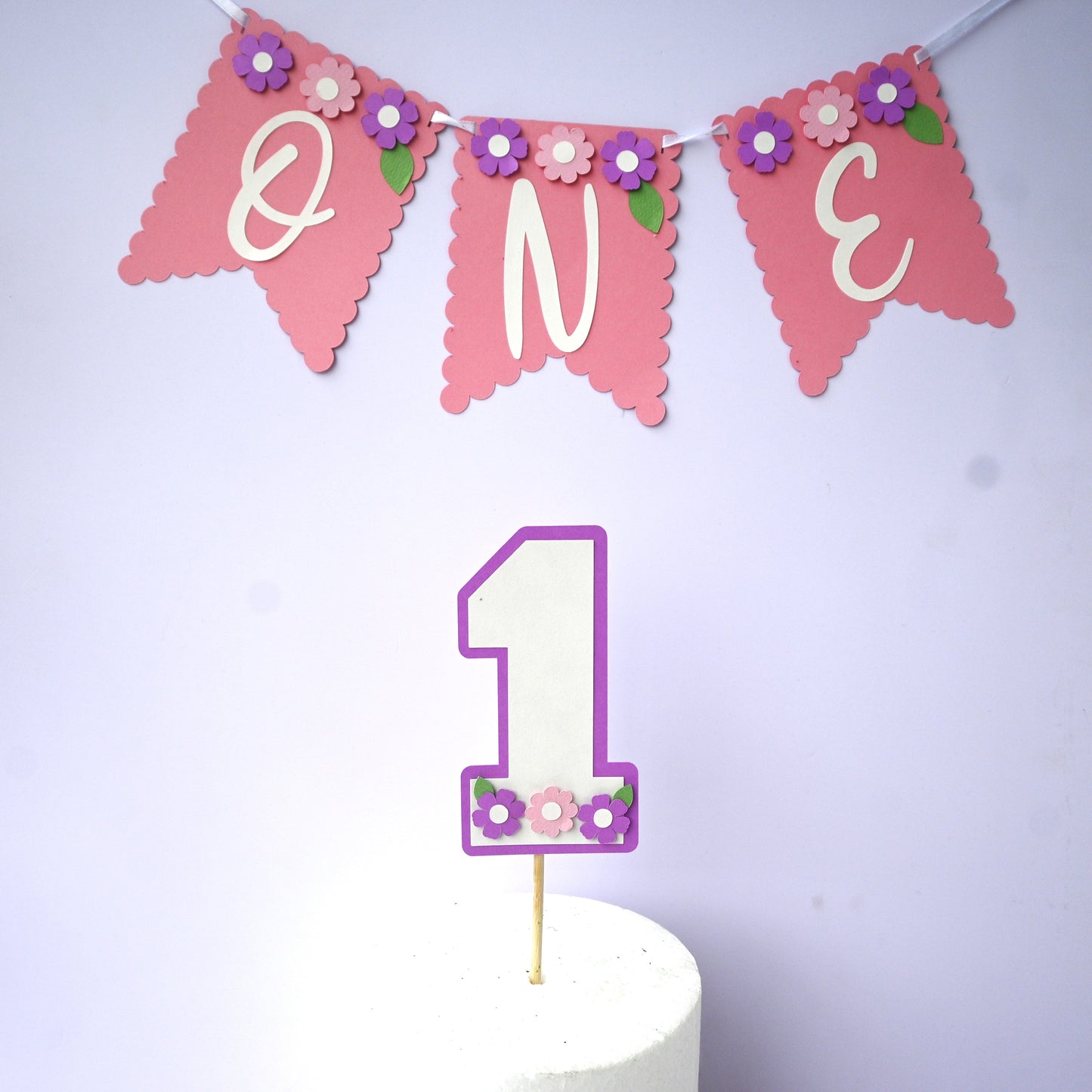 Flower High Chair Banner & Cake Topper Set - Handcrafted Party Decoration