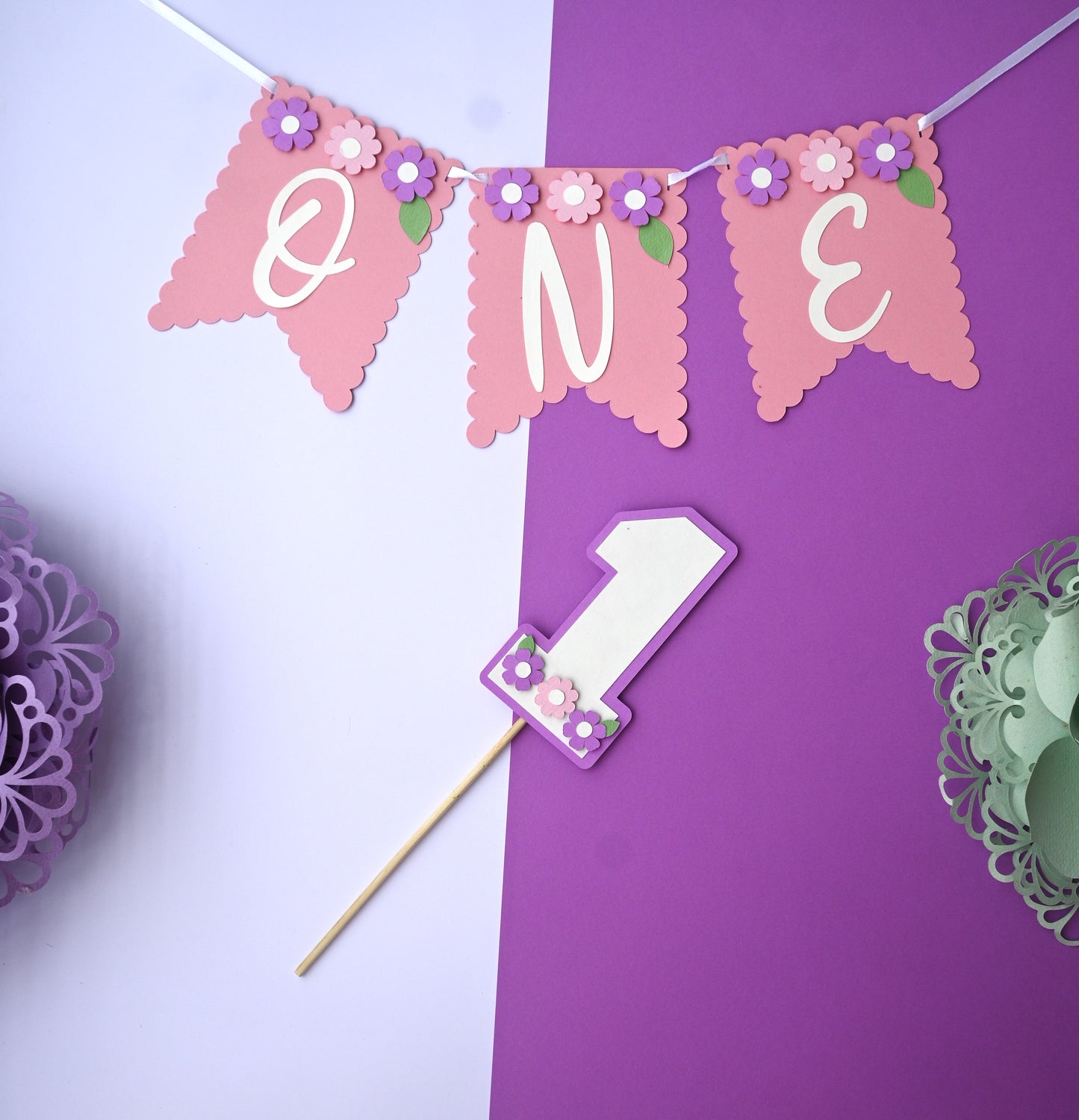 Flower High Chair Banner & Cake Topper Set - Handcrafted Party Decoration