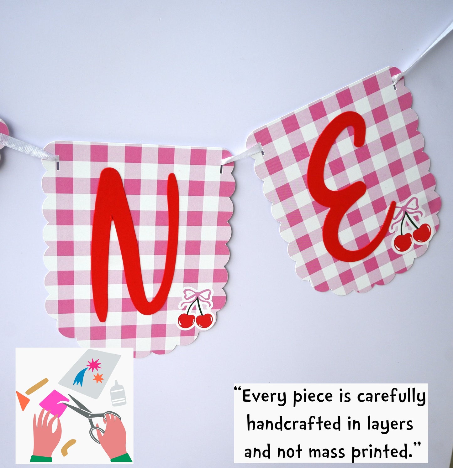 Cherry High Chair Banner & Cake Topper Set - Handcrafted Party Decoration
