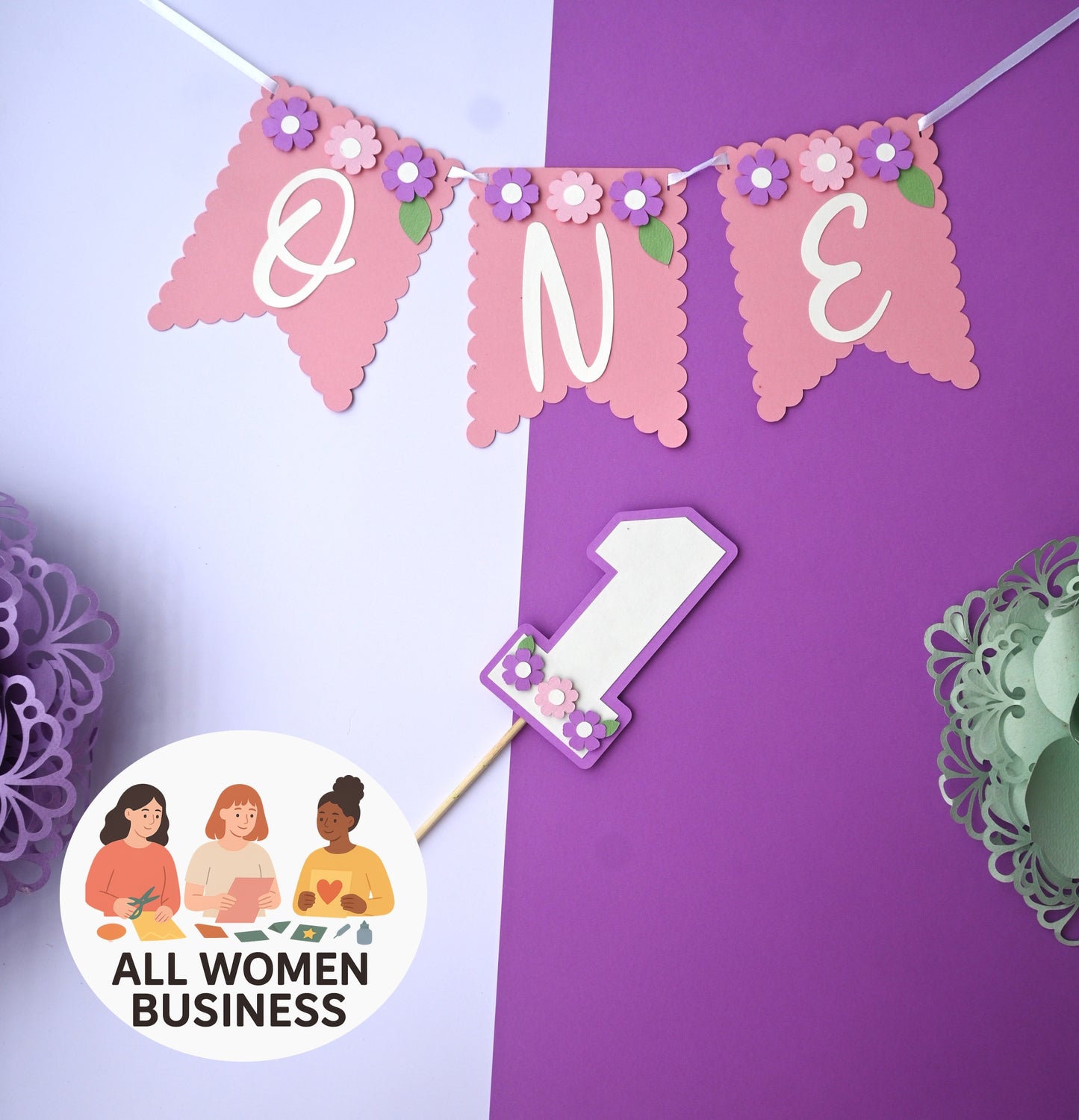 Flower High Chair Banner & Cake Topper Set - Handcrafted Party Decoration