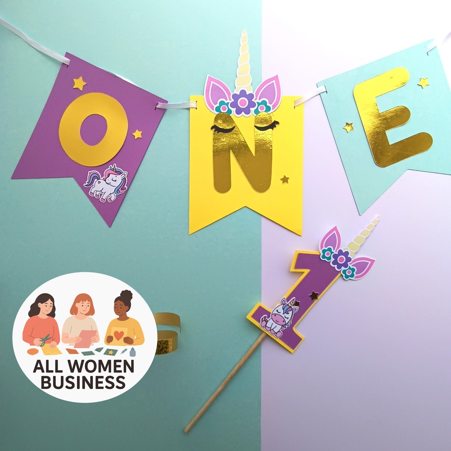 Unicorn High Chair Banner & Cake Topper Set - Handcrafted Party Decoration