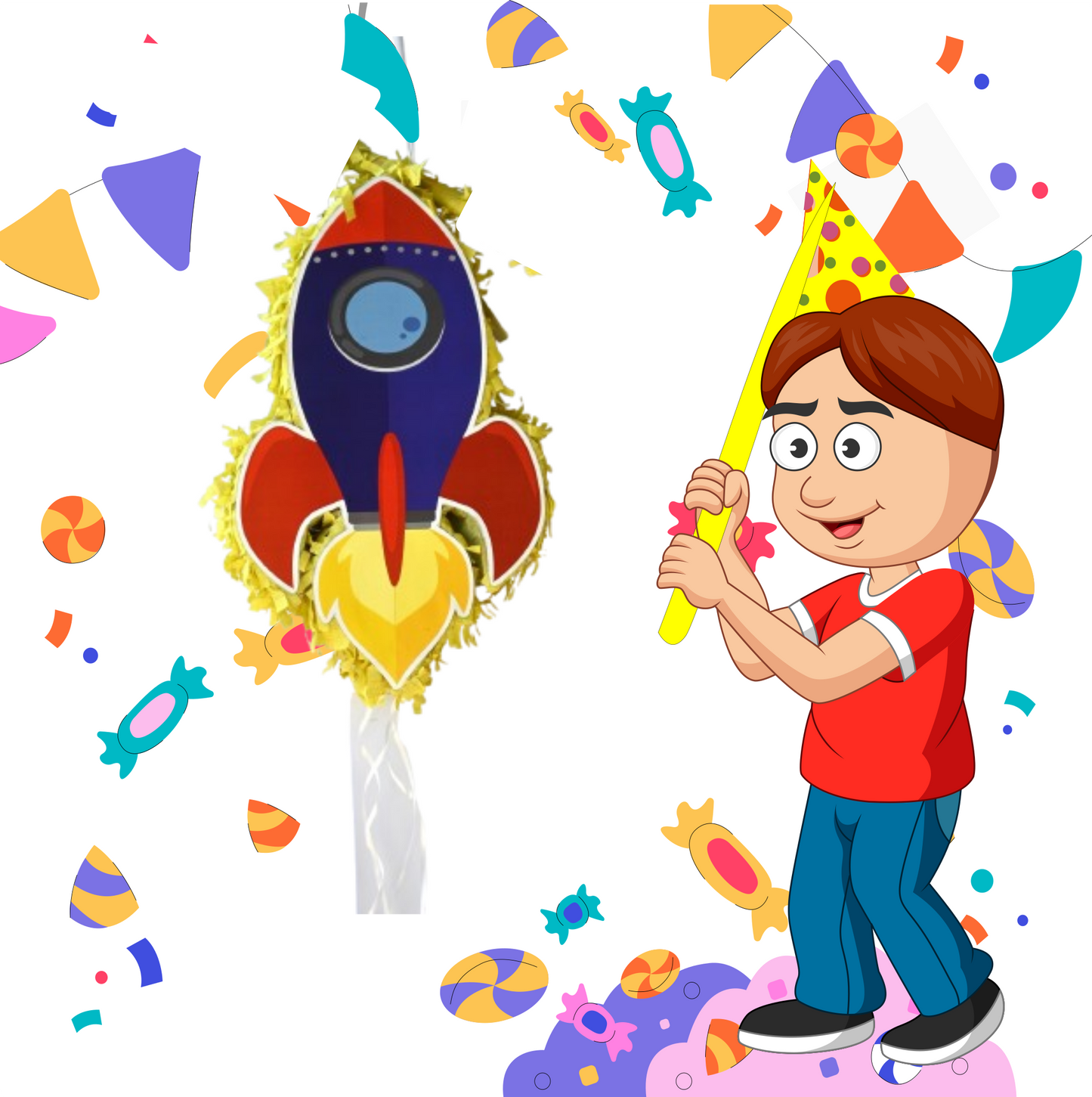Rocket Pull-String Piñata - Semi-Handcrafted Party Decoration